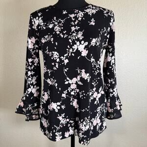 NWT Karl Lagerfeld Paris Black Blouse Shirt Pink Floral Bell Sleeve Women XS